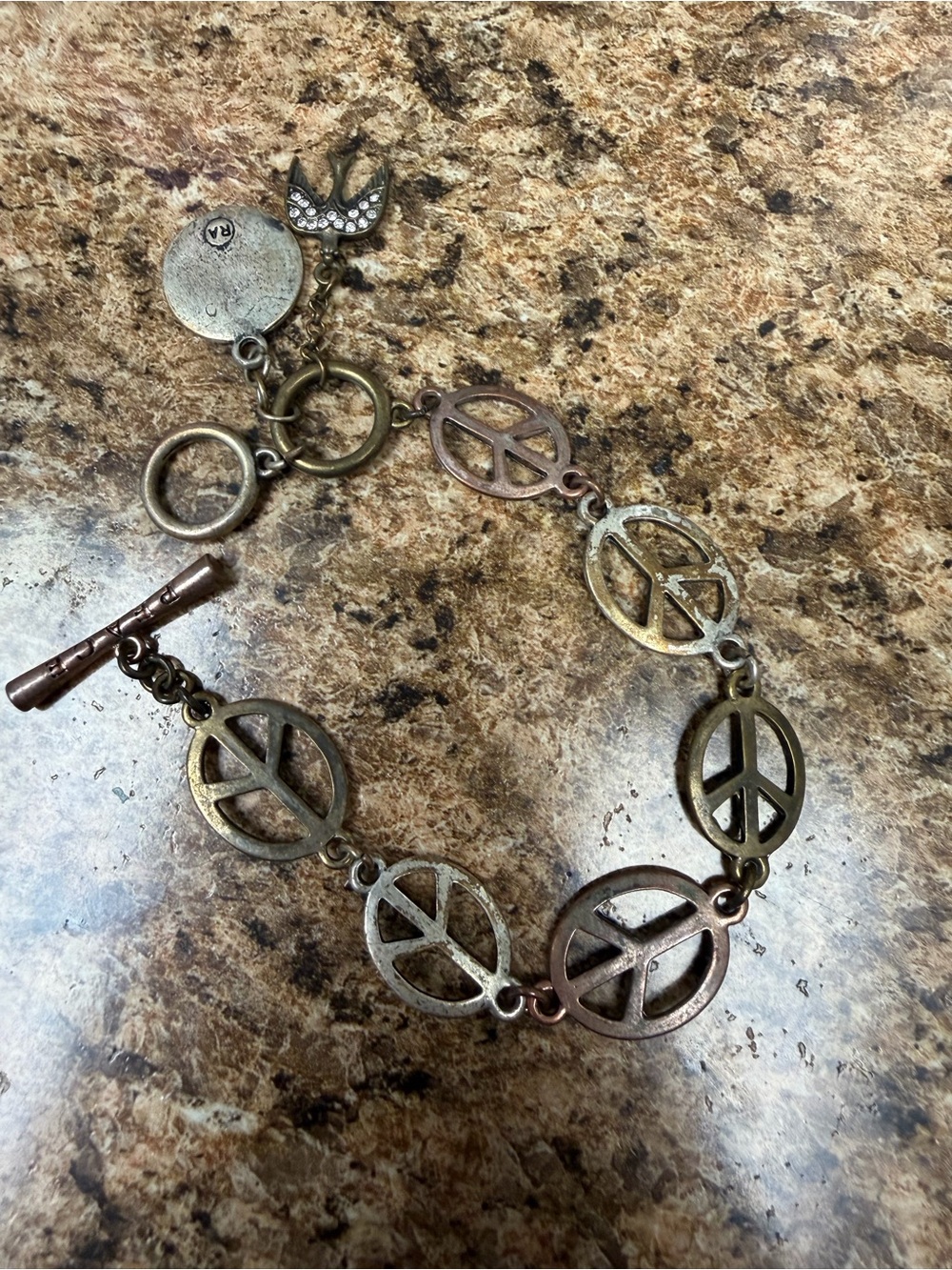 RA Signed Peace Sign Bracelet Mixed Metal Rhinestone Dove Charm Boho Y2K 6.5”
